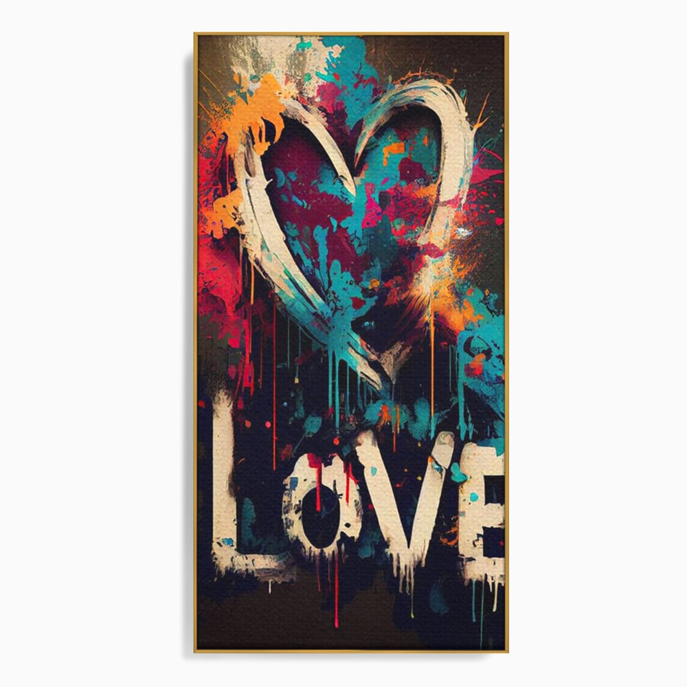 Tablou canvas cu tablou canvas cu inima graffiti si cuvantul love, in rama de aluminiu auriu